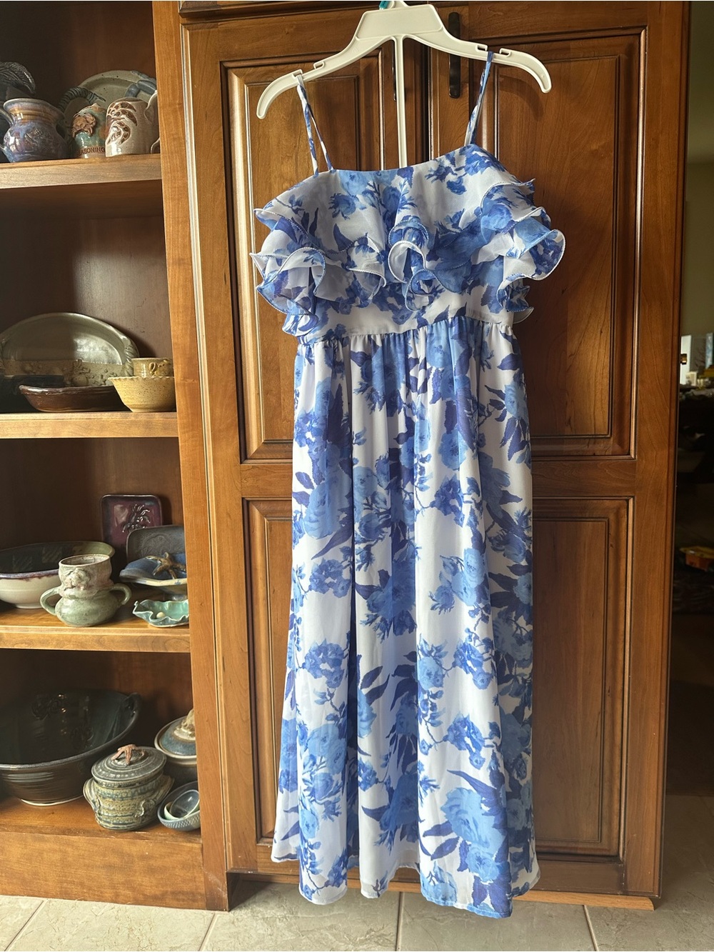 Layered adjustable spaghetti strap maxi dress ruffles top boho small flowing